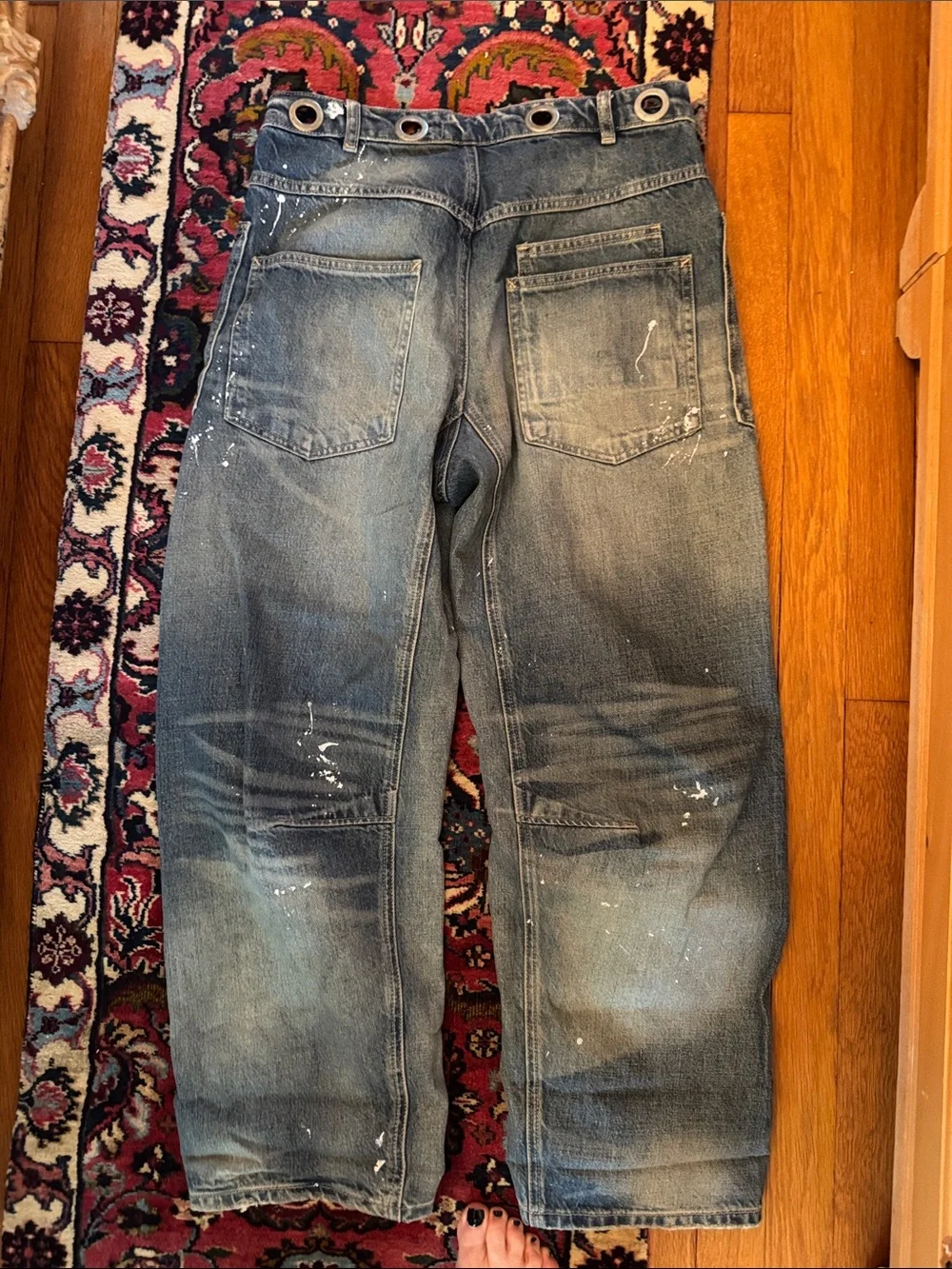 Free People Moxi Distressed Blue Washed Boyfriend Jeans with Paint Splatter - Picture 3 of 3
